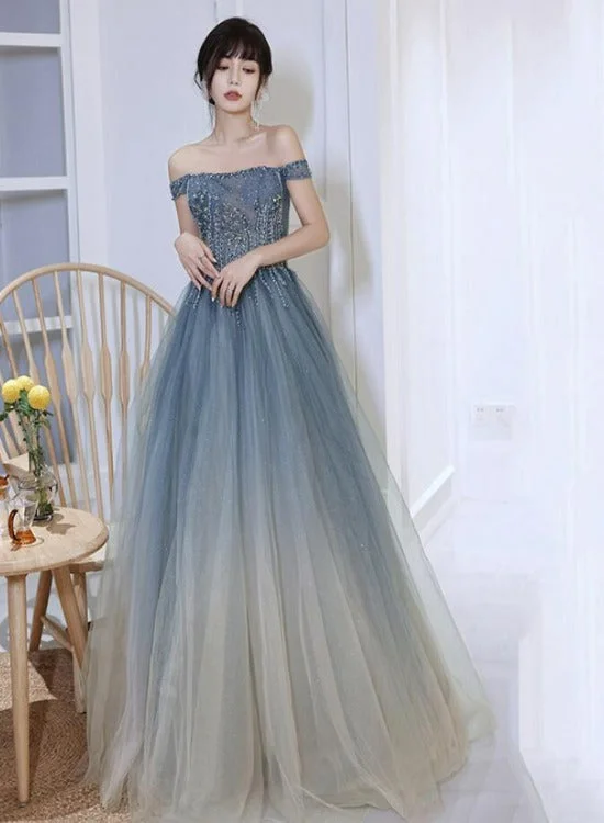 Blue Gradient Beaded Off Shoulder Long Party Dresses, Blue Evening Dresses Prom Dresses Tunics Running lightweight