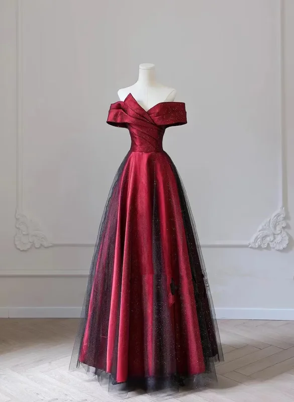 Black and Red Sweetheart Long Party Dress, A-line Off Shoulder Black and Red Prom Dress Tunics Distressed trendy