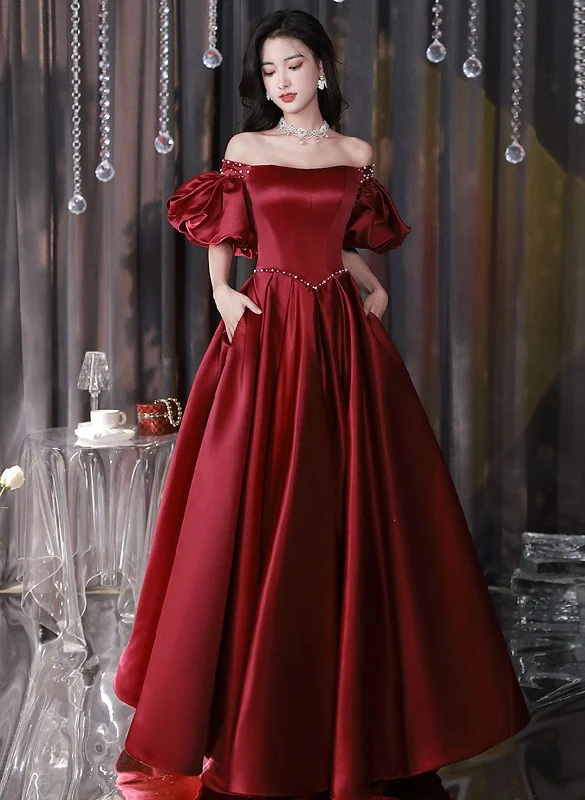 Wine Red Satin Beaded Puffy Sleeves Long Party Dress, Wine Red Long Prom Dress Off-the-shoulder Chic Trendy