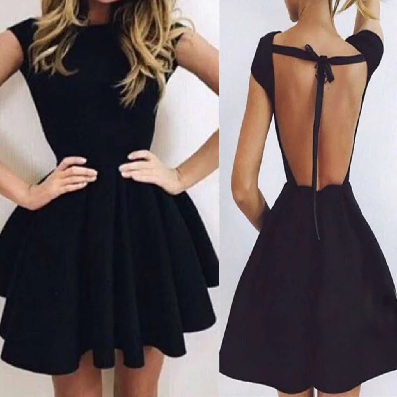 Short sleeve black mini open back unique sexy charming homecoming prom dress,BD0024 Boat Neckline Classic