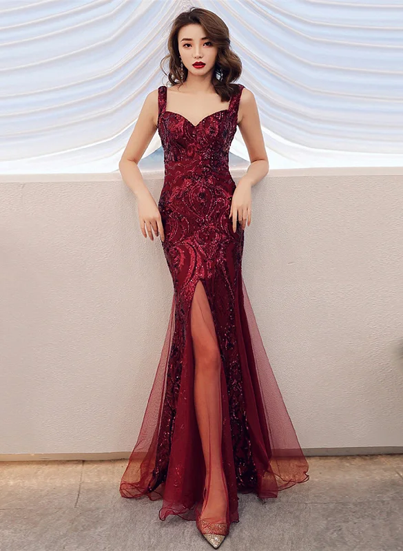 Lovely Sequins Mermaid Tulle and Sequins Party Dress, Wine Red Prom Dress Tunics Long Elegant