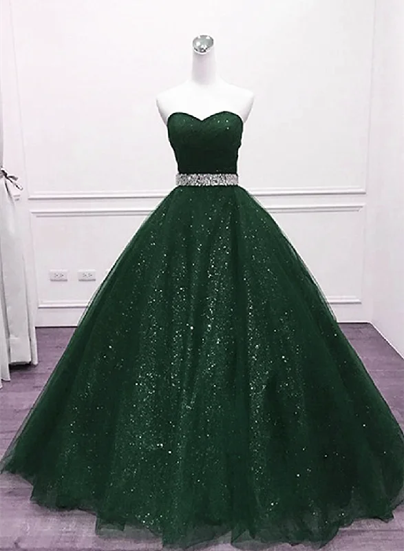 Dark Green Tulle Beaded Long Party Dress, Green Ball Gown Evening Gown Tunics Travel practical