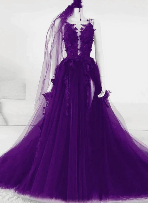 Purple Tulle with Lace Applique Long Party Dress, A-line Tulle Formal Dress Tunics Chinos classic