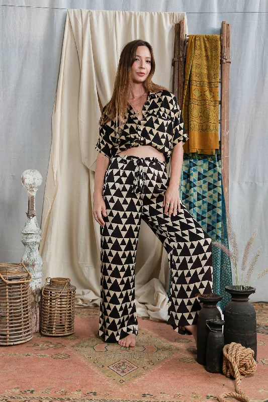 Tie Pants Ajrakh Modal Silk Triangle Print Trendy Wide-Leg Pants