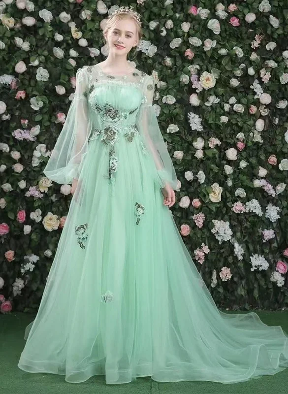 Light Green Puffy Sleeves Long Formal Dress, Green Long Tulle Party Dress Tunics Plaid country
