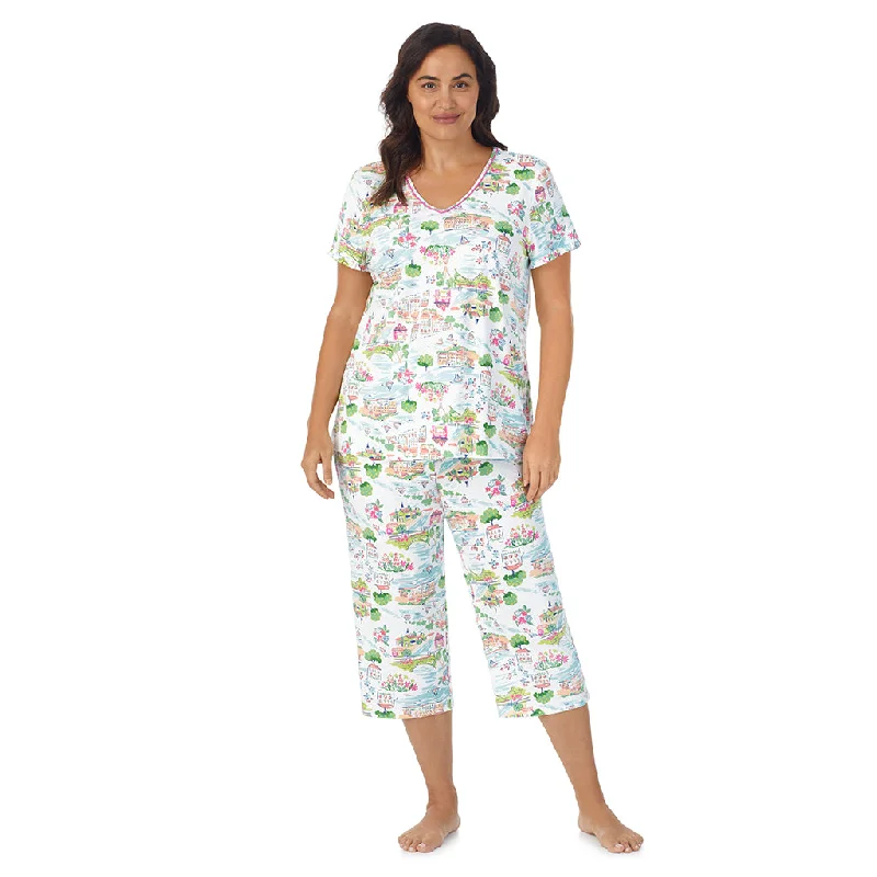 Cotton-Blend Short Sleeve Top with Cropped Pant 2-Pc Pajama Set PLUS Chic Wool Trousers