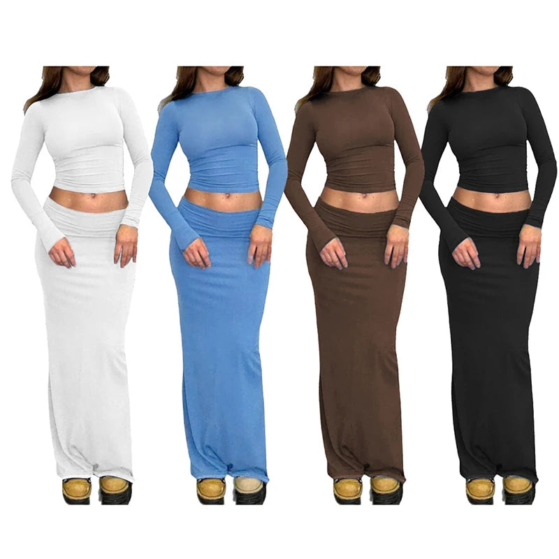 CUTENOVA Autumn Solid Round Collar Long Sleeves Half-Length Skirt Slim Suit 2023 Casual Women Two-Piece  Set chiffon skirt airy