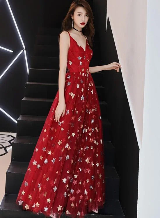 Red Tulle Sweetheart Straps Long Low Back Prom Dress, Red Evening Dress Party Dress Tunics Designer luxury