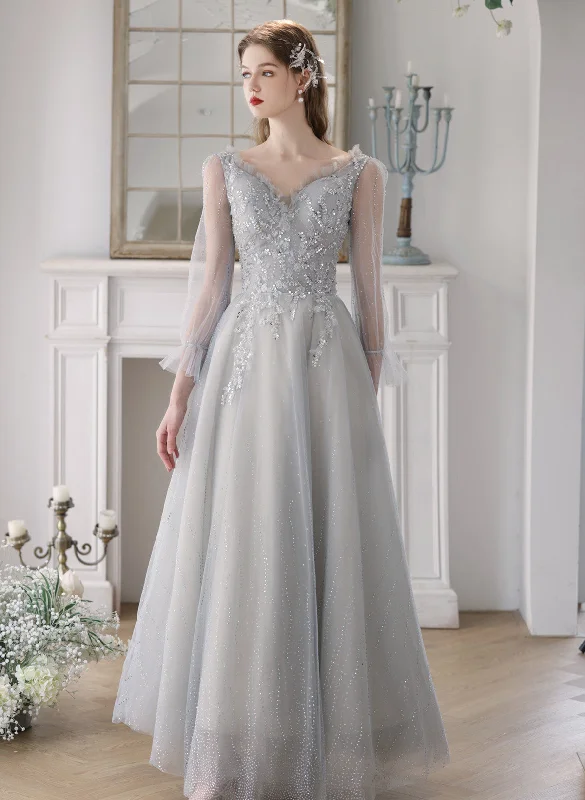 Light Grey Tulle V-neckline Beaded Long Party Dress, Grey Tulle Prom Dress Evening Dress Crew Neckline Casual