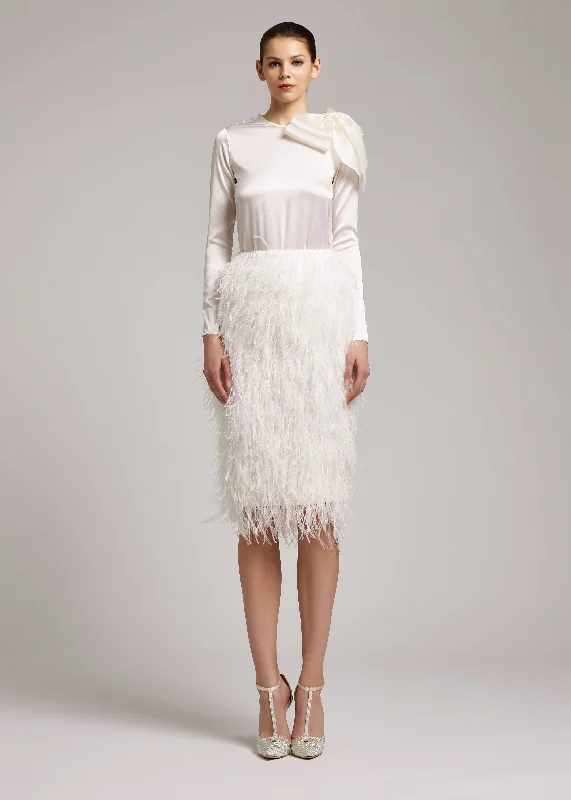 Ostrich Feather Embellished High Waisted Skirt in White linen skirt natural