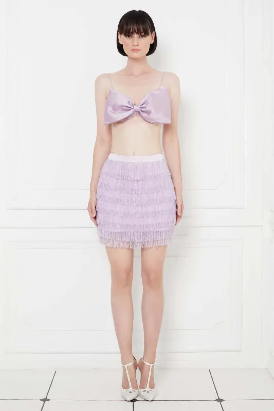Ariana Tiered Crystal Fringe Mini Skirt in Lilac denim skirt stylish