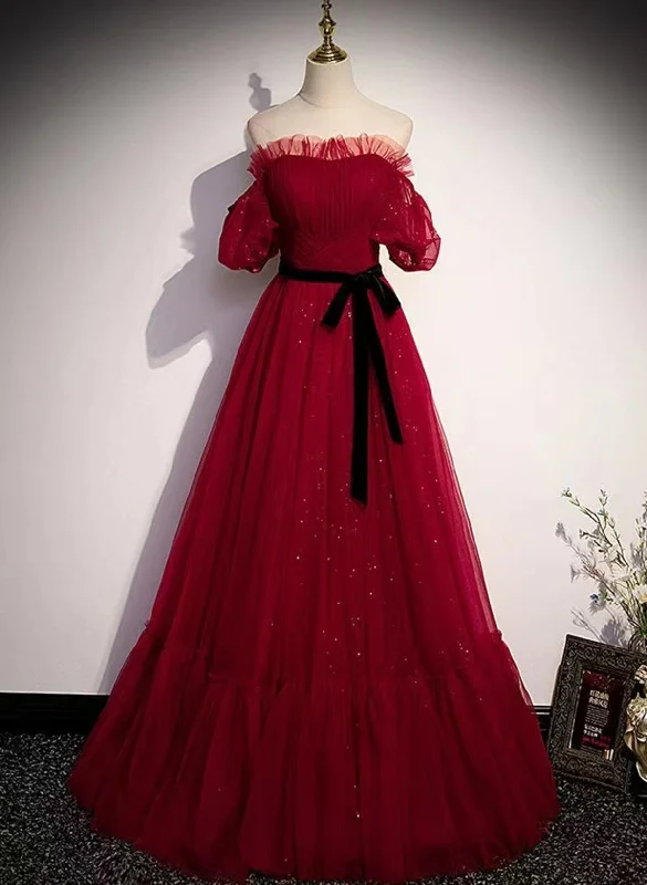 Wine Red Off Shoulder Shiny Tulle Long Party Dress, Wine Red Floor Length Prom Dress Tunics Corduroy durable