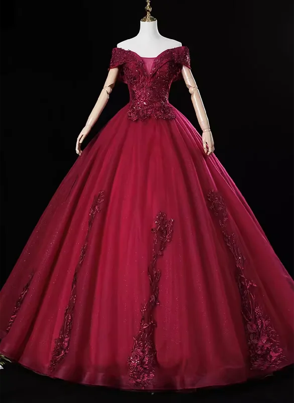 Wine Red Ball Gown Sweetheart Off Shoulder Long Party Dress, Wine Red Sweet 16 Dress empire Waist empire