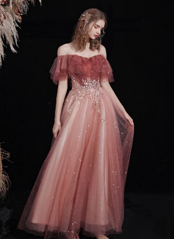 Beautiful Red Off Shoulder Long Party Dress with Lace, A-line Simple Prom Dress Peplum Ruffle Cocktail