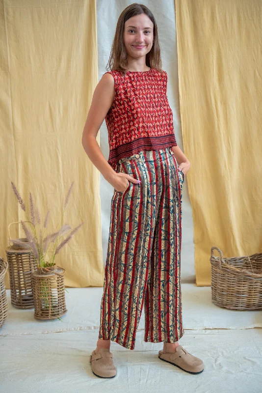 High Waisted Bottom Pants Ajrakh Silk Modal Stripe/Floral Classic Cropped Pants