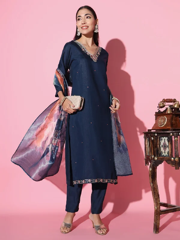 Women 'V' Neck Embroidered Work Viscose Fabric Kurta Pant Set Comes With Printed Dupatta - Taantav Soft Stretch Trousers Women 'V' Neck Embroidered Work Viscose Fabric Kurta Pant Set Comes With Printed Dupatta - Taantav Soft Stretch Trousers