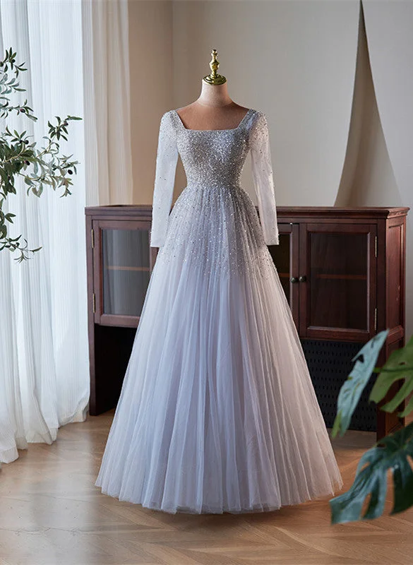 A-line Tulle Sequins Long Sleeves Party Dress, Sliver-Grey Shiny Prom Dress Tunics Top rated