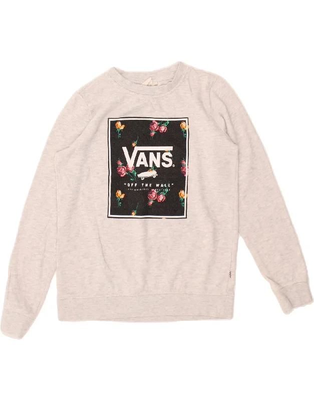VANS Womens Graphic Sweatshirt Jumper UK 6 XS Grey Flecked Cotton Hoodie with Hidden Zipper Minimalist Clean
