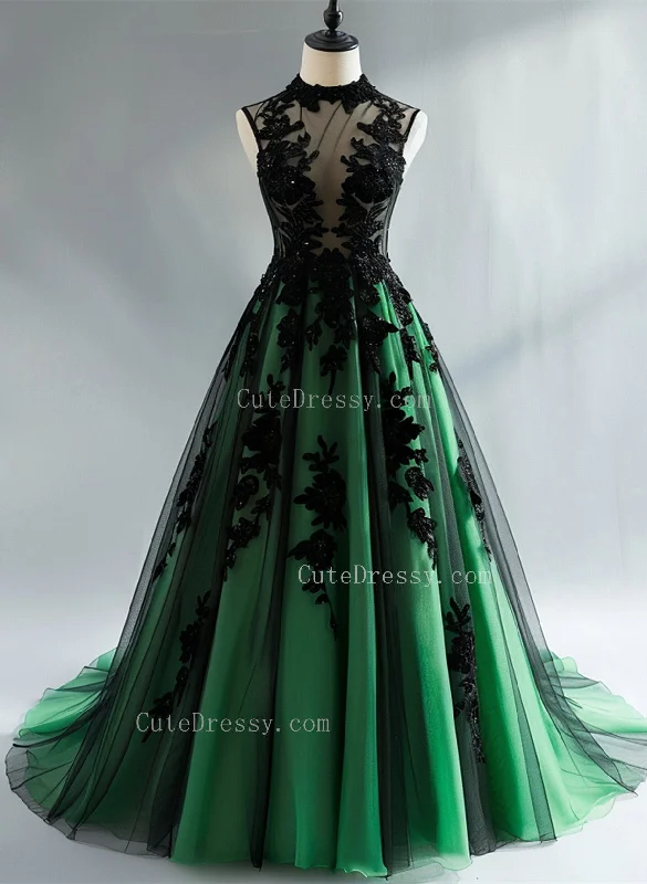Green and Black Tulle with Lace Party Dress, Green and Black Prom Dress sweetheart Neckline Romantic