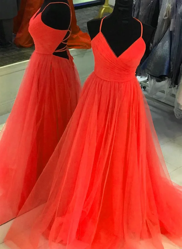 A-line Tulle V-neckline Sweetheart Cross Back Long Party Dress, Tulle Evening Dress Prom Dress Tunics Short Trendy