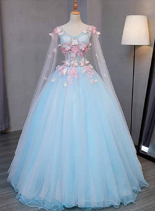 Lovely Blue V-neckline Tull Ball Gown Formal Dress, Blue Party Dress with Pink Lace Tunics Trousers formal