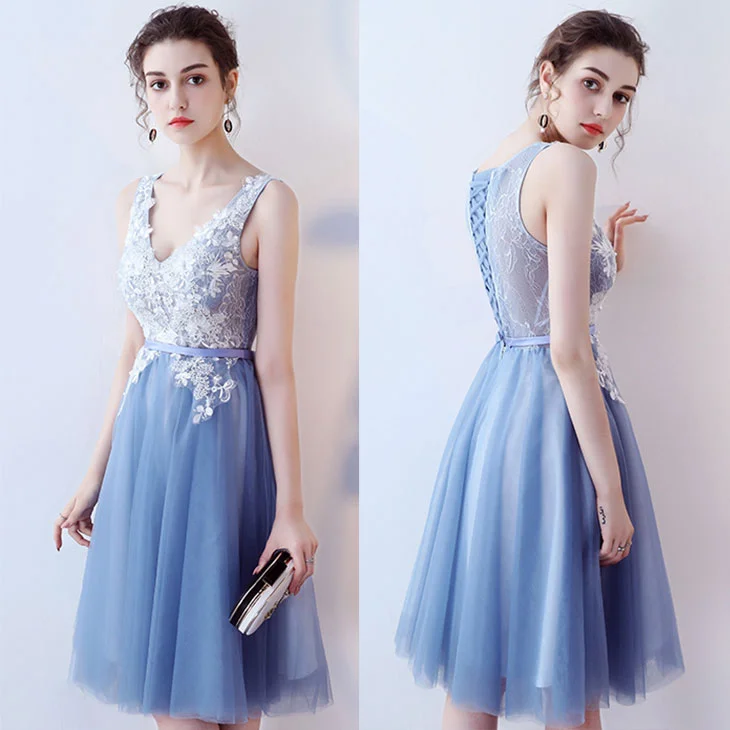 Simple A-Line Lace Homecoming Dress, Sleeveless Tulle V-Neck Homecoming Dress, KX473 Tunics Chic fashionable