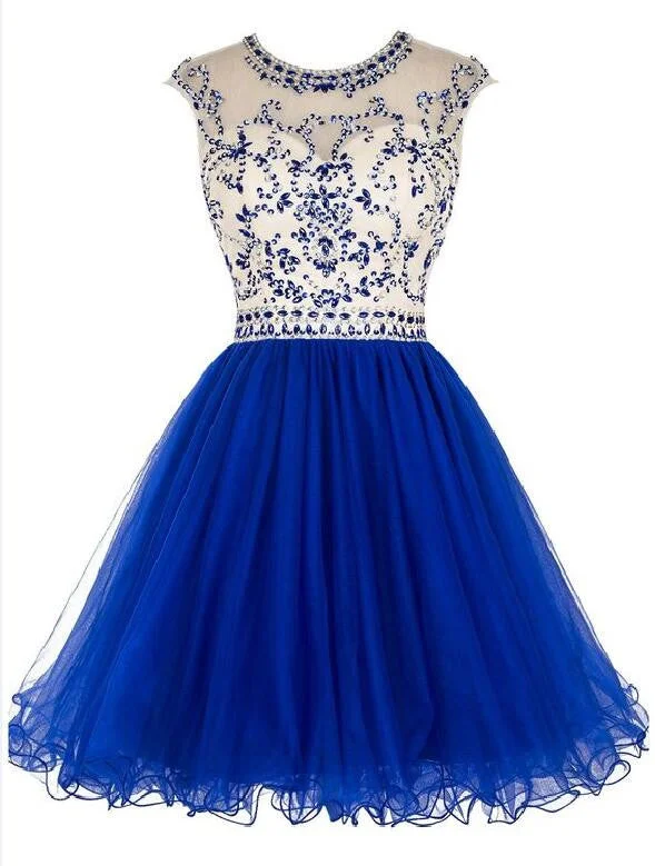 Sexy Open back Royal Blue Short Tulle homecoming prom dresses, CM0008 Tunics Floral girly