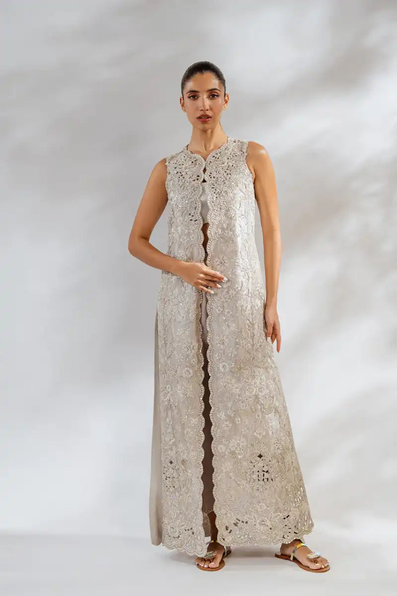Sania Maskatiya - Lina - Tissue, Crepe & Pure Rawsilk - Ivory - Trouser, Jacket & Tube - 3 Piece Embroidered Jacket Appliqued Jacket Beaded Jacket