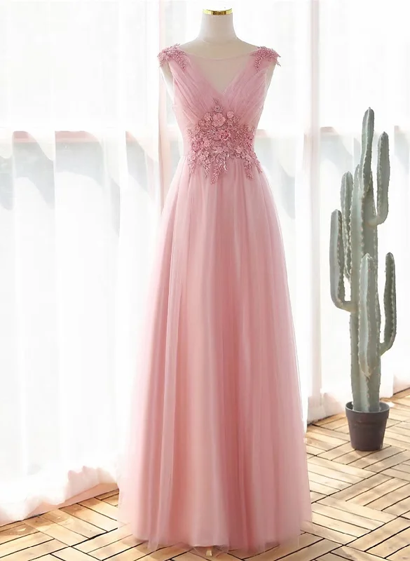 A-line Prom Dress V-neckline Lace Applique Party Dress, Pink Bridesmaid Dress Tunics Stylish elegant