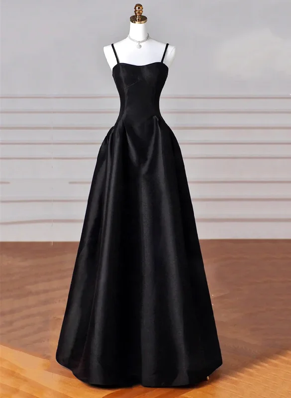 A-line Satin Black Long Party Dress, Black Sweetheart Straps Prom Dress Tunics Denim casual