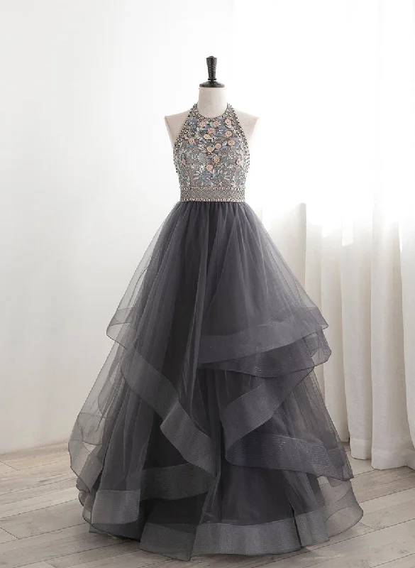 Grey Beaded Halter Backless Tulle Long Party Dress, Grey Floor Length Prom Dress Tunics Sophisticated sleek