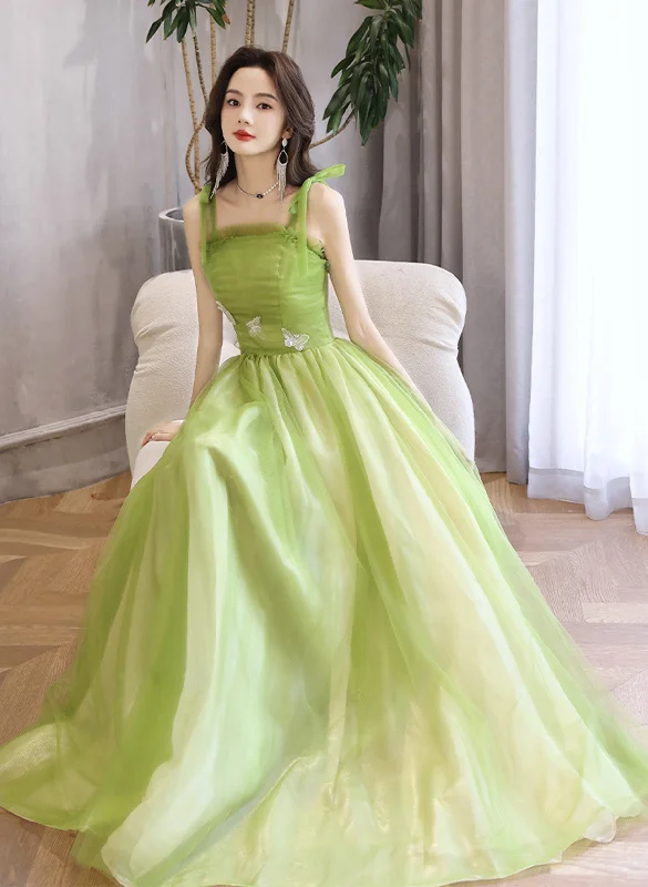 Light Green A-line Straps Tulle Long Party Dress, Light Green Tulle Prom Dress Tunics Handmade artisanal