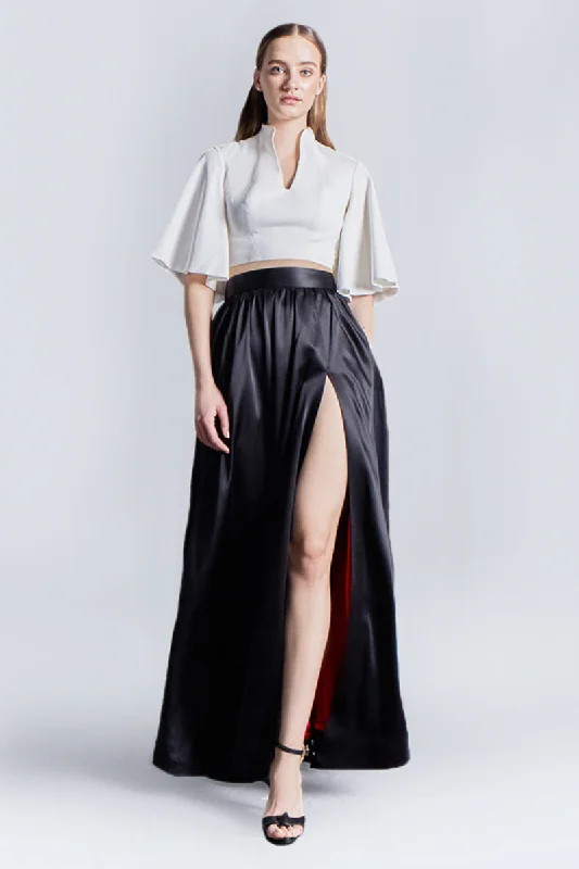 Silk Satin Side Maxi Skirt in Black wool skirt sturdy