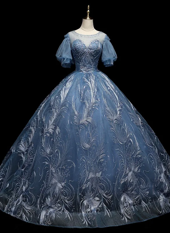 Blue Ball Gown Short Sleeves Tulle Long Party Dress, Blue Tulle Prom Dress Tunics Chic fashionable