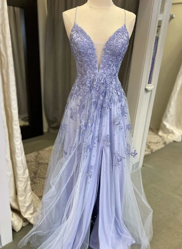 Lavender Tulle V-neckline Long Party Dress, Lavender Straps Prom Dress Formal Dress Tunics Designer luxury