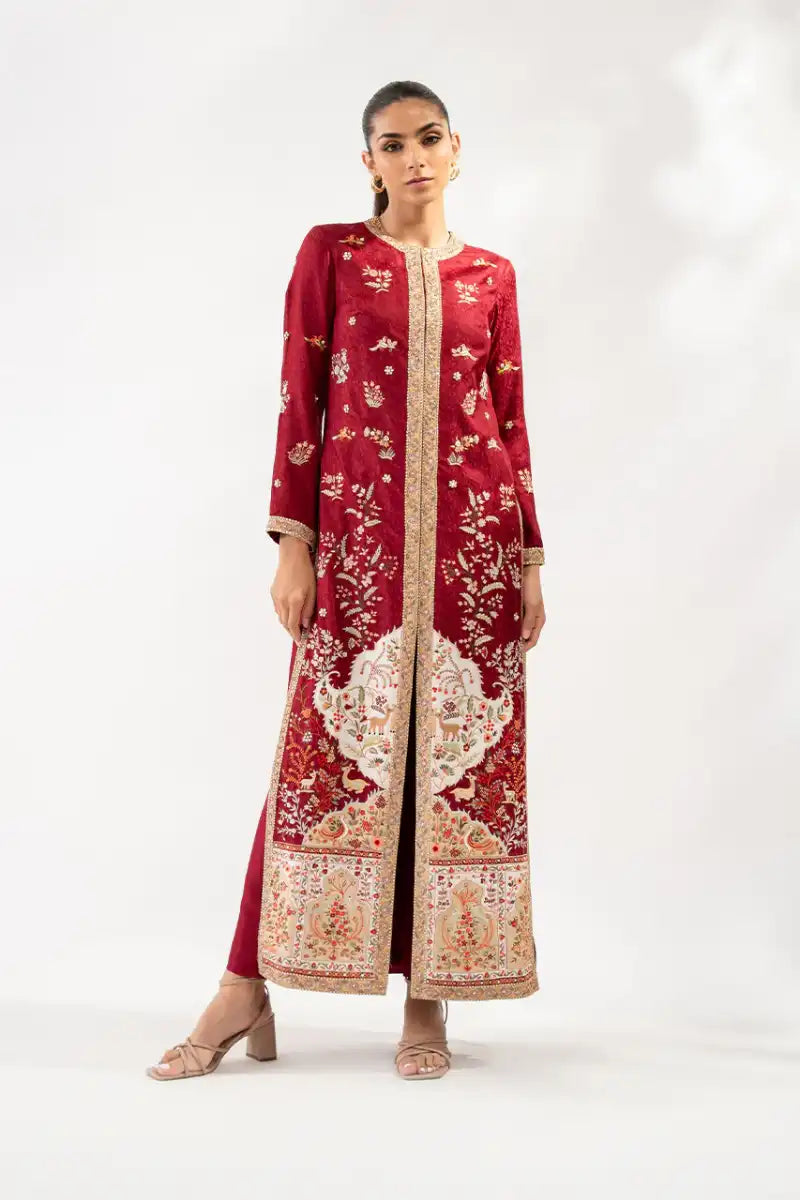 Sania Maskatiya - Juna - Self Jamawar & Khaddi Silk - Crimson - Jacket & Trousers - 2 Piece Striped Jacket Polka Dot Jacket Floral Jacket