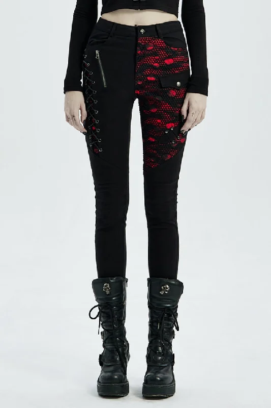 Buttonhole Drawstring Stitching Lace-Up Mesh Women's Steampunk Skinny Jeans Pants 2 Colors Comfortable Denim Trousers Buttonhole Drawstring Stitching Lace-Up Mesh Women's Steampunk Skinny Jeans Pants 2 Colors Comfortable Denim Trousers