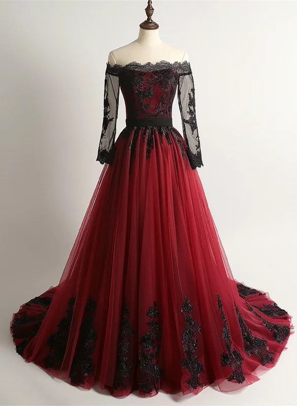 Charming Wine Red Tulle Long Sleeves with Lace Party Dress, Wine Red Prom Dress Square Neckline Feminine