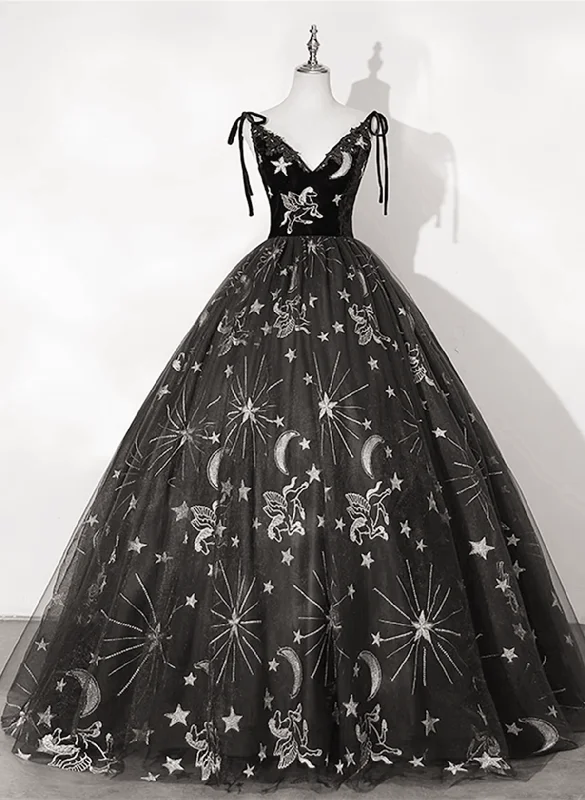Black Sweetheart Tulle Floral Straps Ball Gown Dress, Black Long Prom Dress Party Dress A-Line Day Work