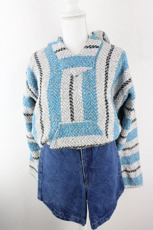 Vintage Blue Stripes Knit Hoodie (L) Hoodie with Camouflage Military Edgy
