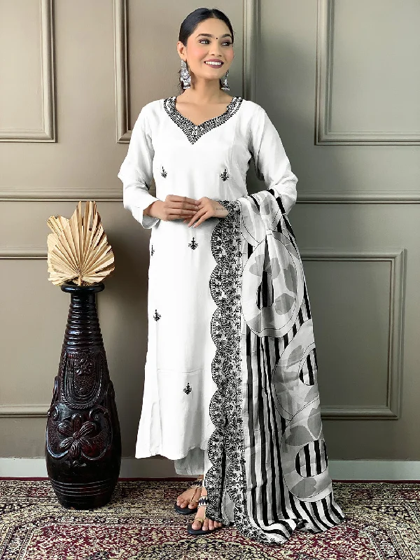 Women V Neck Embroidered Work Viscose Fabric Kurta & Pant With Dupatta Set - Taantav Casual Lounge Pants