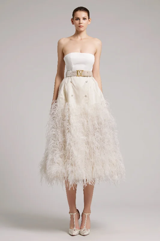 Ostrich Feather Embellished Silk Gazar Skirt in White chiffon skirt delicate