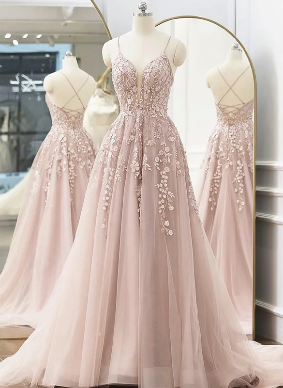 Pink Tulle with Lace Straps Long Party Dress, Pink Tulle Prom Dress Evening Dress Tunics Mesh breathable