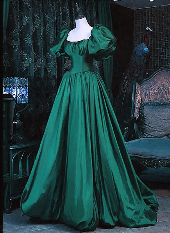 Green Scoop Short Sleeves Taffeta Long Party Dress, Green Long Evening Dress Prom Dress A-Line Day Work