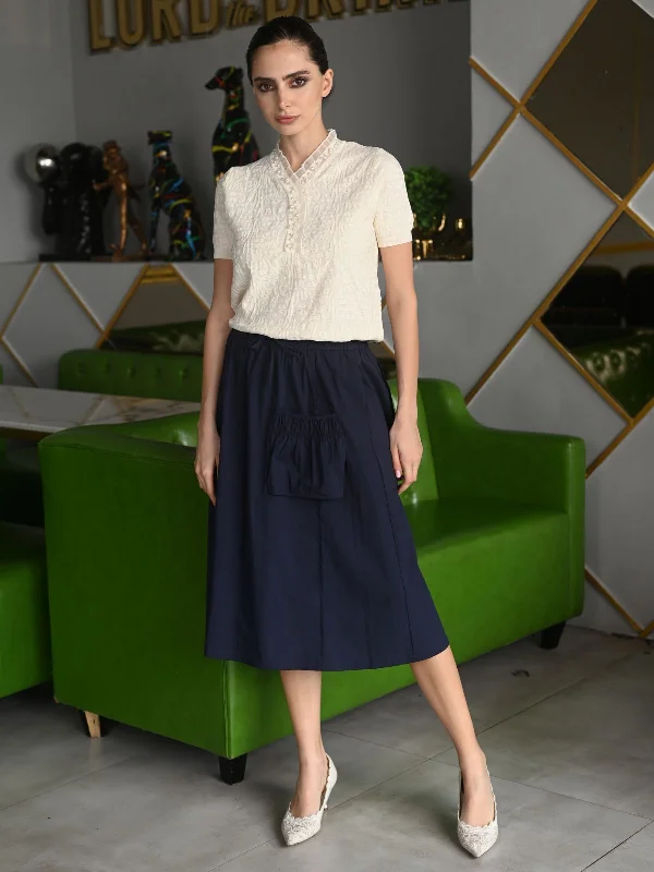 Odette Navy Blue Cotton Poplin Solid A-line Skirt For Women midi skirt versatile