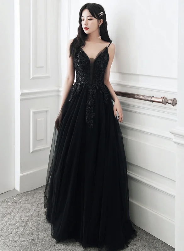 A-line Black Tulle V-neckline Straps Long Party Dress, Black Tulle Prom Dress Tunics Versatile stylish