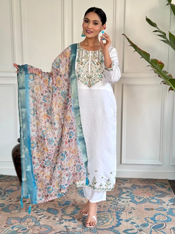Women Round Neck Kalamkari Printed Work Chanderi Viscose Fabric Kurta & Pant With Dupatta Set - Taantav Casual Wide Pants Women Round Neck Kalamkari Printed Work Chanderi Viscose Fabric Kurta & Pant With Dupatta Set - Taantav Casual Wide Pants