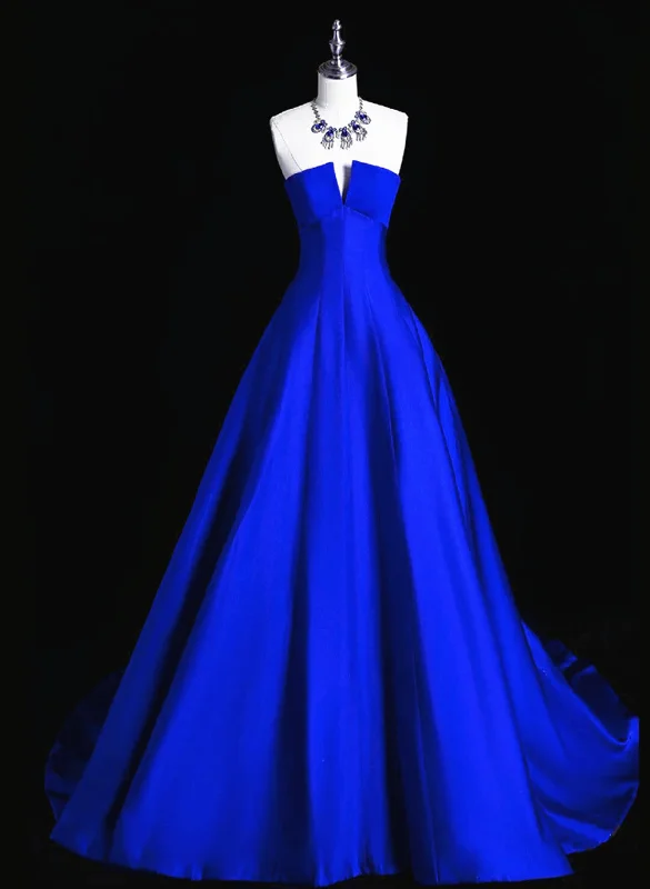 Royal Blue Satin A-line Long Party Dress Evening Dress, Royal Blue Prom Dress Mermaid Tail Wedding