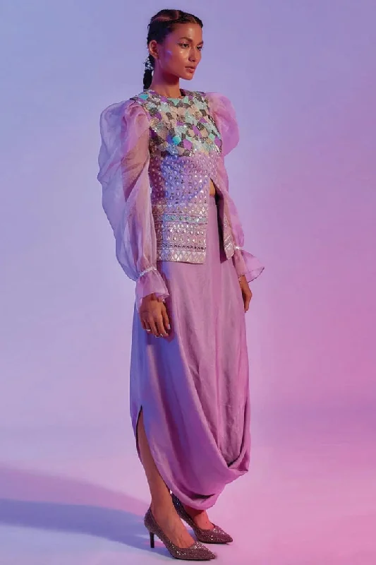 INTRICATE EMBELLISHED LILAC JACKET WITH EXAGGERATED ORGANZA SLEEVES TEAMED WITH A DRAPE SKIRT Notch Collar Jacket Peter Pan Collar Jacket Cowl Neck Jacket INTRICATE EMBELLISHED LILAC JACKET WITH EXAGGERATED ORGANZA SLEEVES TEAMED WITH A DRAPE SKIRT Notch Collar Jacket Peter Pan Collar Jacket Cowl Neck Jacket
