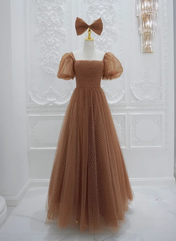 Lovely Simple Tulle Short Sleeves A-line Party Dress, Long Tulle Formal Dress Evening Dress Shift Classic Vintage